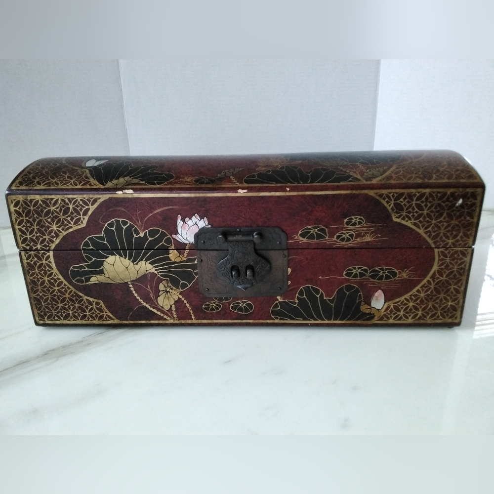 MONEY BOX Chinese Lacquer Red Gold Decorative Birds Wooden Brass Hardware Vtg